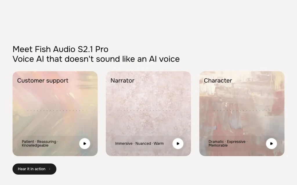 Fish Audio page d'accueil — capture d'écran de l'outil d'IA audio et voix, Oct 2, 2026