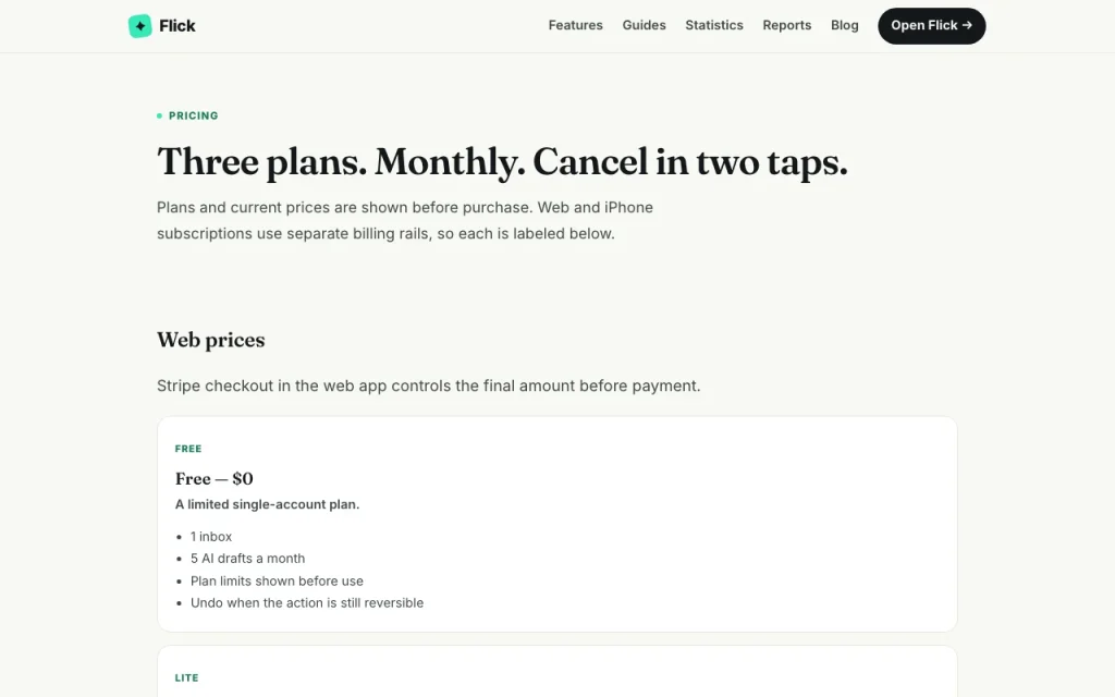 Flick page de tarifs avec offres et prix — capture d'écran de l'outil d'IA productivité et rédaction, Oct 1, 2026