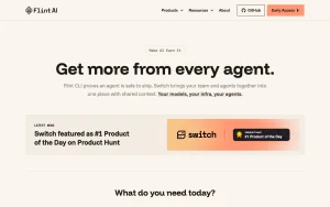 Flint AI (Flint CLI and Switch) homepage — screenshot of the coding AI tool, 2026-10-02