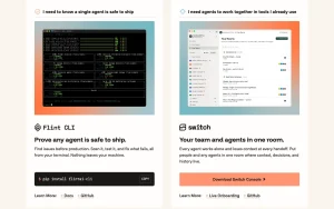 Flint AI (Flint CLI and Switch) homepage — screenshot of the coding AI tool, 2026-10-02