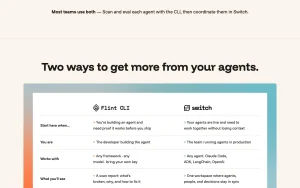 Flint AI (Flint CLI and Switch) homepage — screenshot of the coding AI tool, 2026-10-02