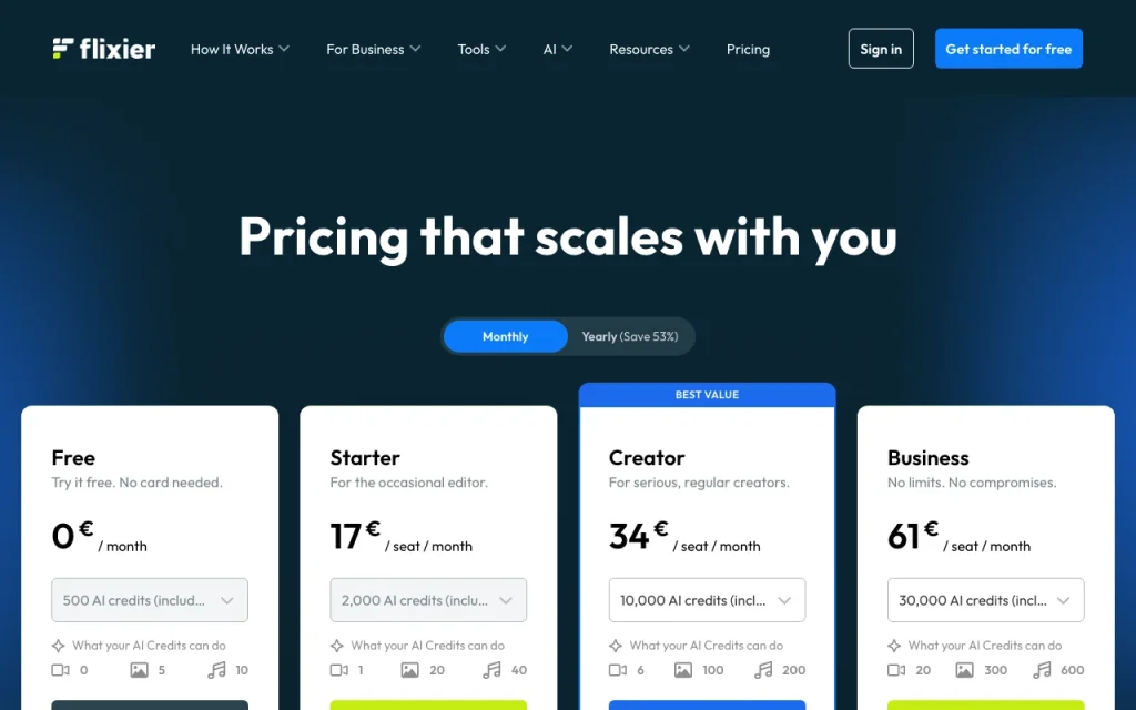 Flixier pricing page with plans and prices — screenshot of the video AI tool, Oct 1, 2026