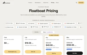 Floatboat pricing page homepage screenshot, productivity & writing AI tool