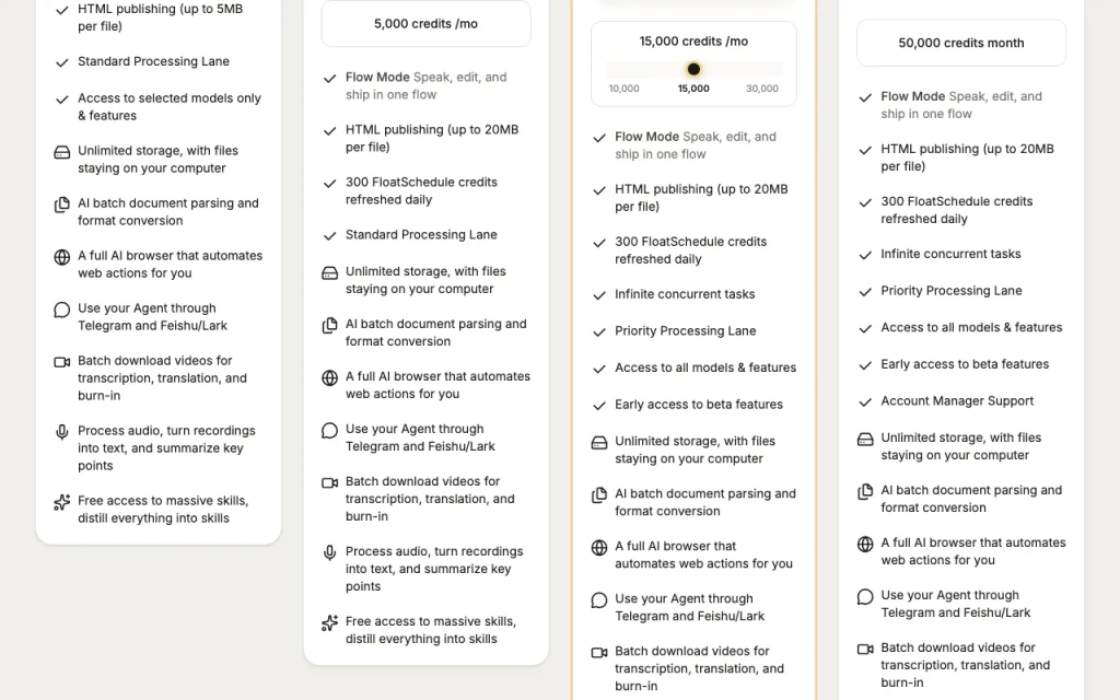 Floatboat pricing page with plans and prices — screenshot of the productivity & writing AI tool, Oct 1, 2026
