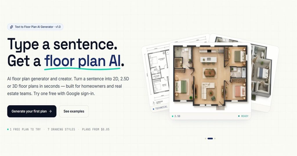 Floor Plan AI homepage screenshot, image generation AI tool