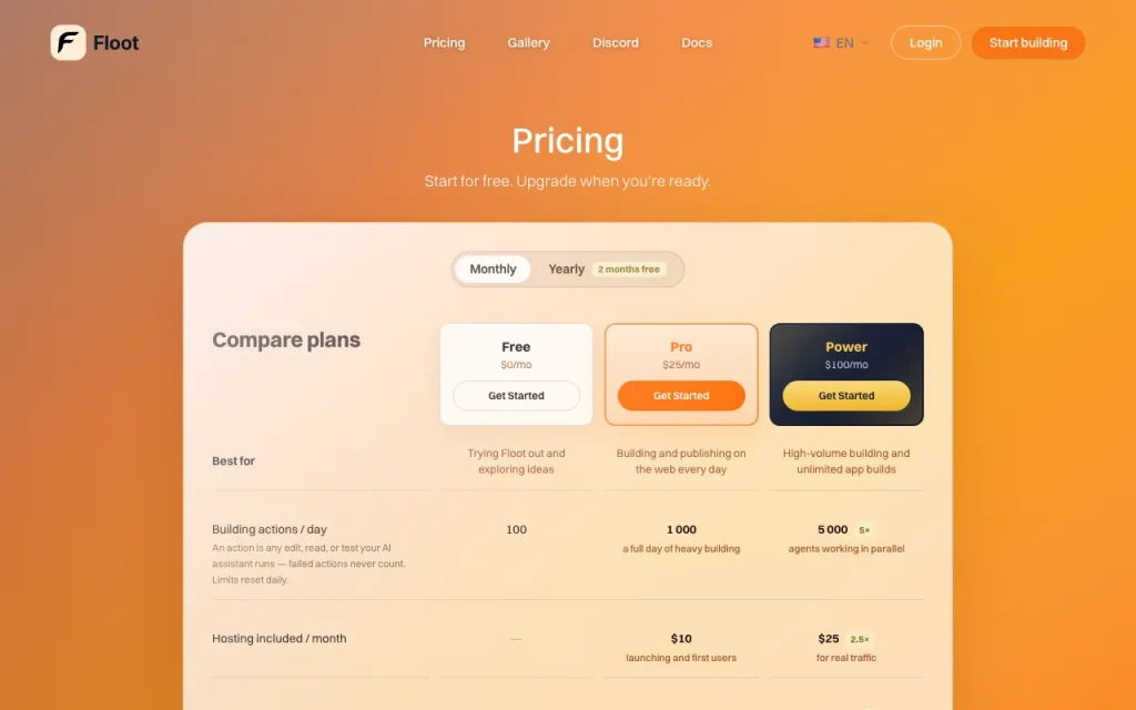 Floot pricing page with plans and prices — screenshot of the coding AI tool, Oct 2, 2026
