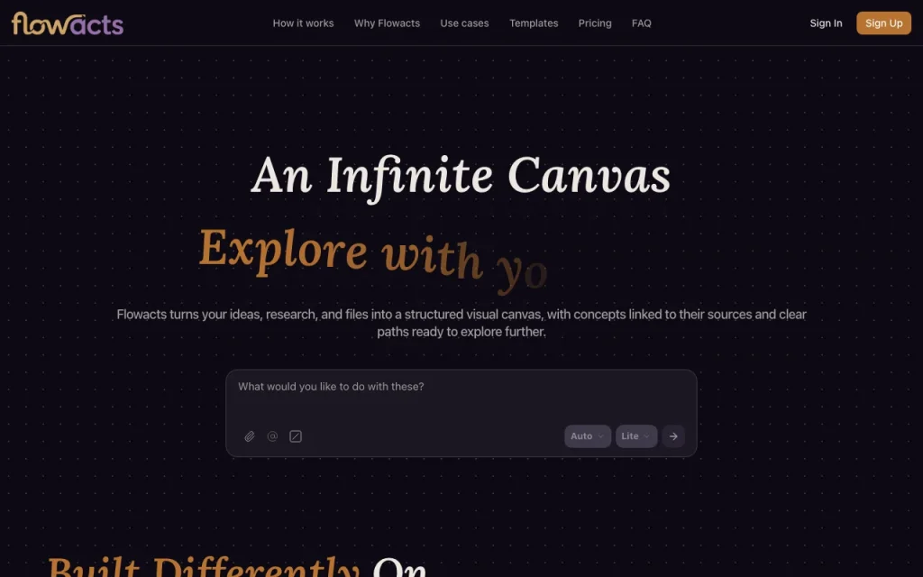 Flowacts homepage screenshot, productivity & writing AI tool