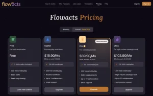 Flowacts pricing page with plans and prices — screenshot of the productivity & writing AI tool, 2026-10-02