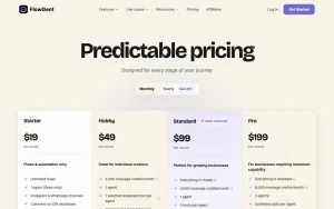 FlowGent AI pricing page homepage screenshot, productivity & writing AI tool