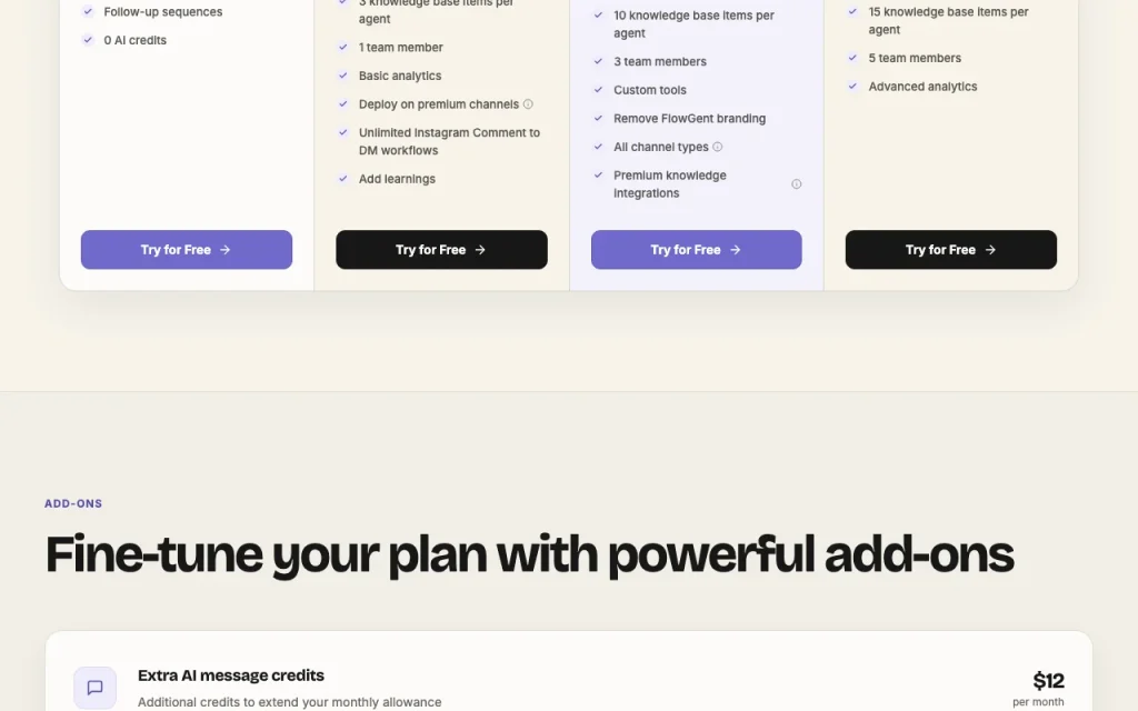 FlowGent AI page de tarifs avec offres et prix — capture d'écran de l'outil d'IA productivité et rédaction, Oct 1, 2026