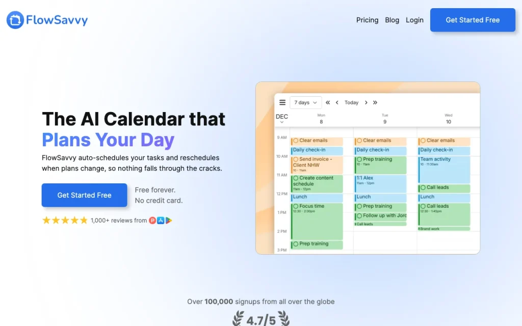 FlowSavvy Startseite – Screenshot des KI-Tools produktivität & schreiben, Oct 1, 2026