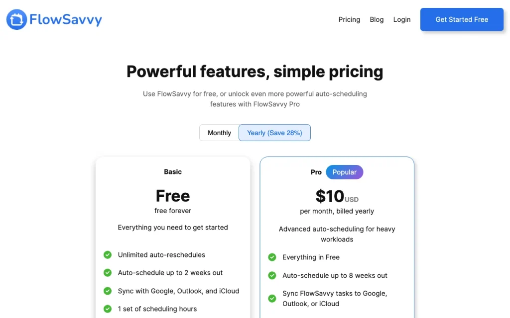 FlowSavvy pricing page with plans and prices — screenshot of the productivity & writing AI tool, Oct 1, 2026