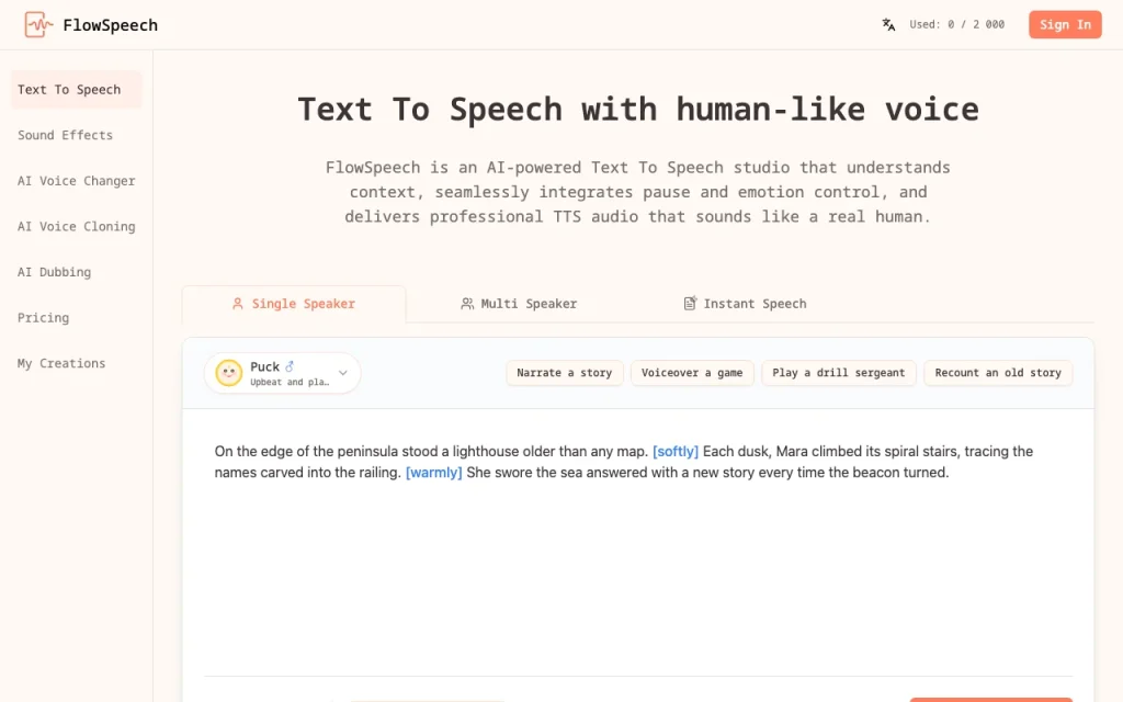 FlowSpeech page d'accueil — capture d'écran de l'outil d'IA audio et voix, Oct 2, 2026