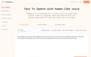 FlowSpeech homepage — screenshot of the audio & voice AI tool, 2026-10-02