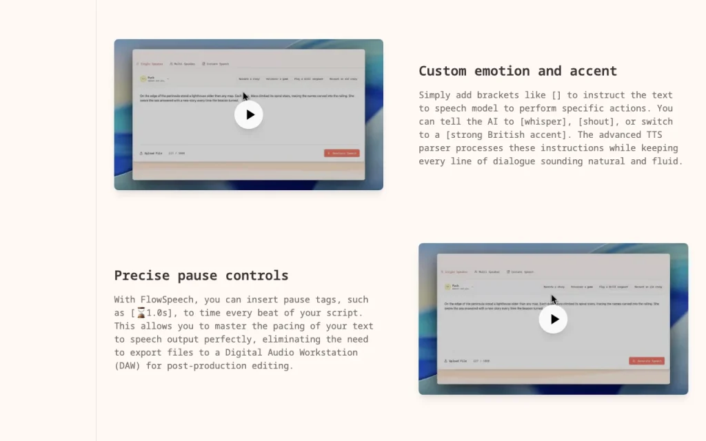 FlowSpeech homepage — screenshot of the audio & voice AI tool, Oct 2, 2026
