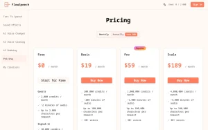FlowSpeech pricing page with plans and prices — screenshot of the audio & voice AI tool, 2026-10-02