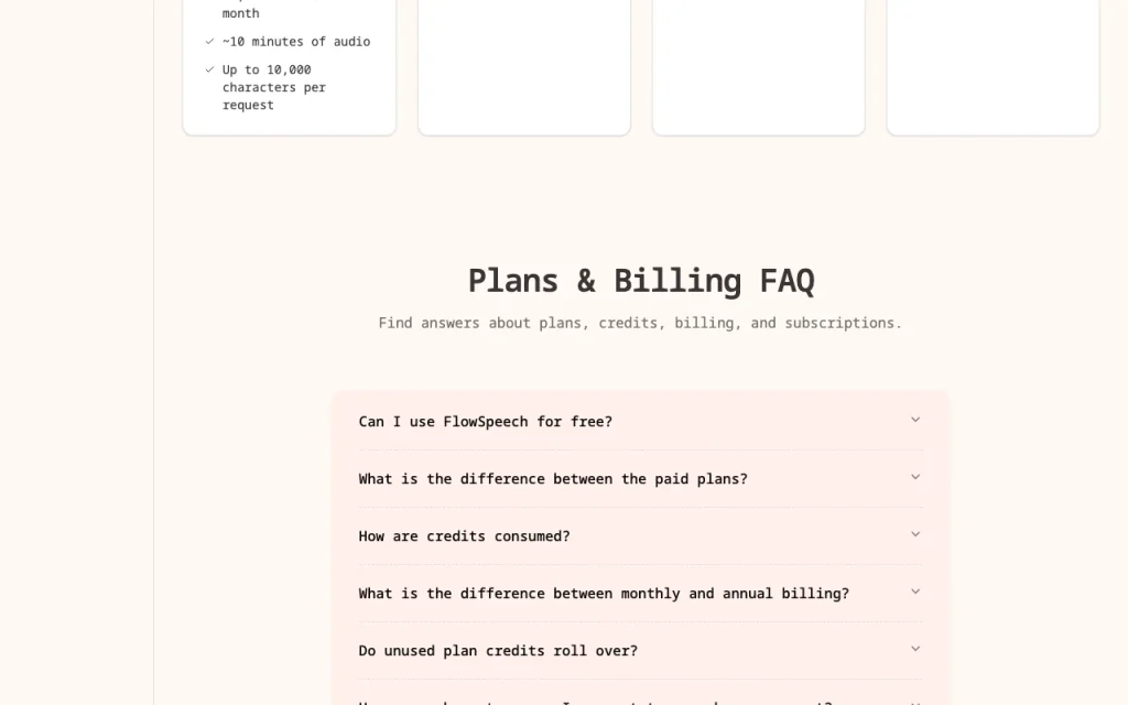 FlowSpeech pricing page with plans and prices — screenshot of the audio & voice AI tool, Oct 2, 2026