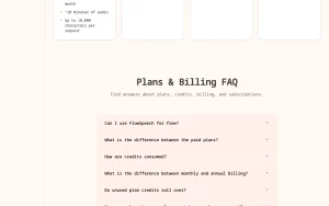 FlowSpeech pricing page with plans and prices — screenshot of the audio & voice AI tool, 2026-10-02
