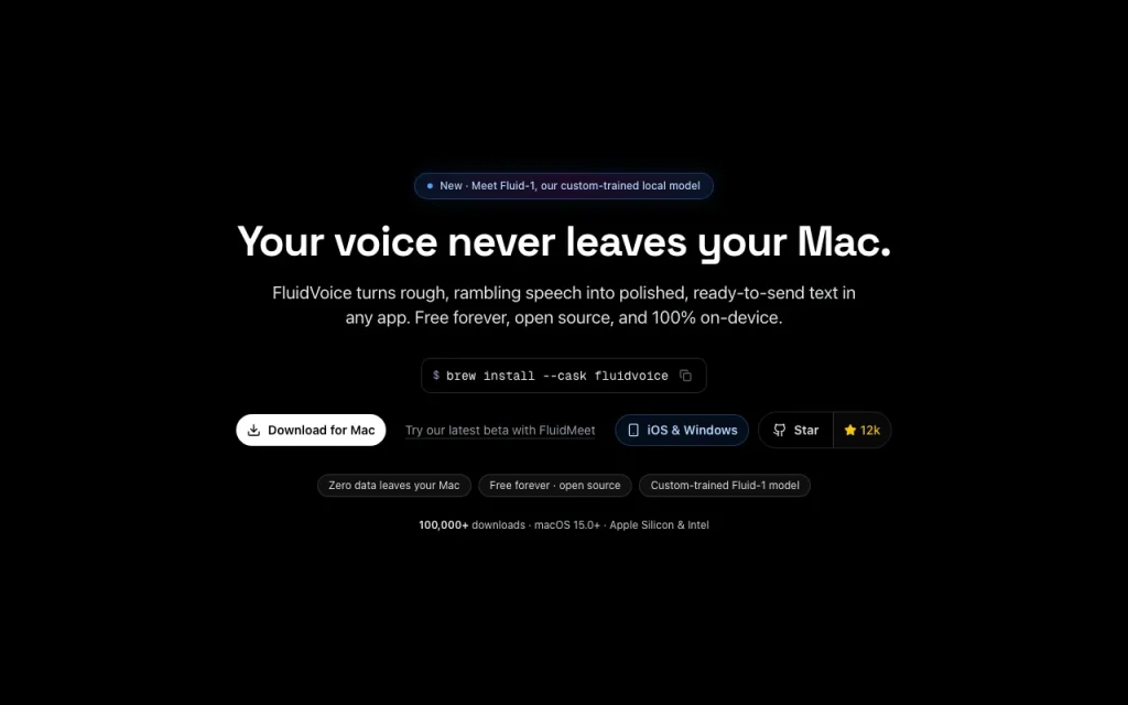 FluidVoice page d'accueil — capture d'écran de l'outil d'IA audio et voix, Oct 2, 2026