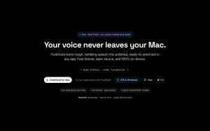 FluidVoice homepage — screenshot of the audio & voice AI tool, 2026-10-02