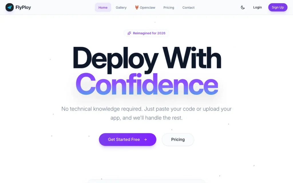 FlyPloy Startseite – Screenshot des KI-Tools coding, Oct 2, 2026