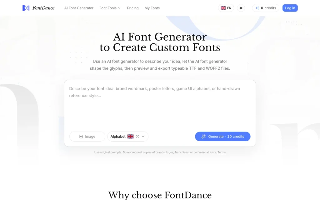 FontDance página principal — captura de pantalla de la herramienta de IA generación de imágenes, Oct 1, 2026