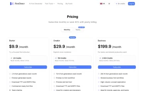 FontDance pricing page with plans and prices — screenshot of the image generation AI tool, 2026-10-01