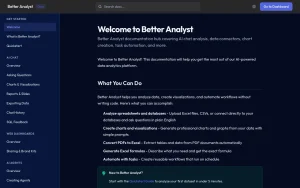 Better Analyst (formerly Formula Bot) docs page homepage screenshot, productivity & writing AI tool