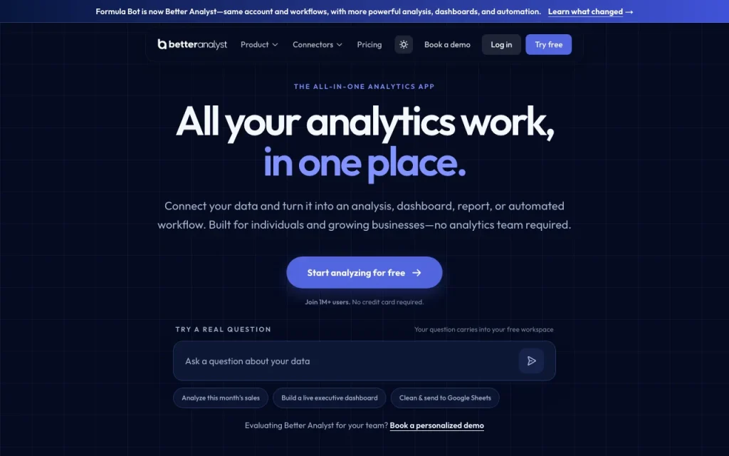 Better Analyst (formerly Formula Bot) Startseite – Screenshot des KI-Tools produktivität & schreiben, Oct 1, 2026