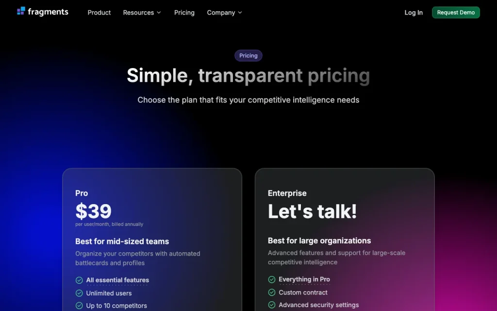 Fragments pricing page with plans and prices — screenshot of the research & search AI tool, Oct 2, 2026