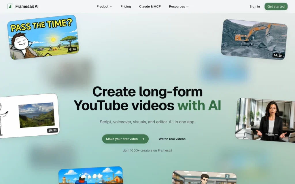 Framesail AI página inicial: captura de tela da ferramenta de IA vídeo, Oct 1, 2026