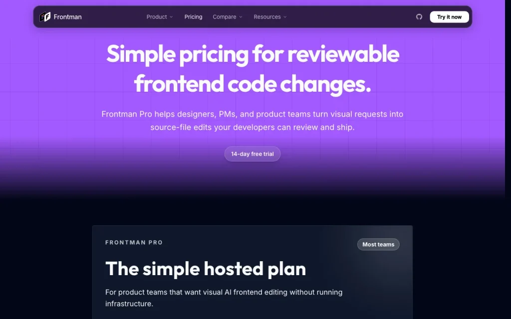 Frontman página de precios con planes y precios — captura de pantalla de la herramienta de IA programación, Oct 2, 2026