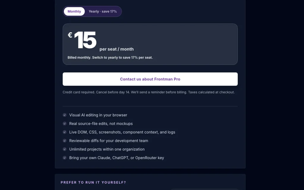 Frontman pricing page with plans and prices — screenshot of the coding AI tool, Oct 2, 2026