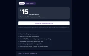 Frontman pricing page with plans and prices — screenshot of the coding AI tool, 2026-10-02