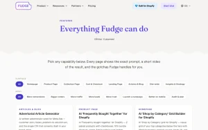 Fudge features page — screenshot of the productivity & writing AI tool, 2026-10-02