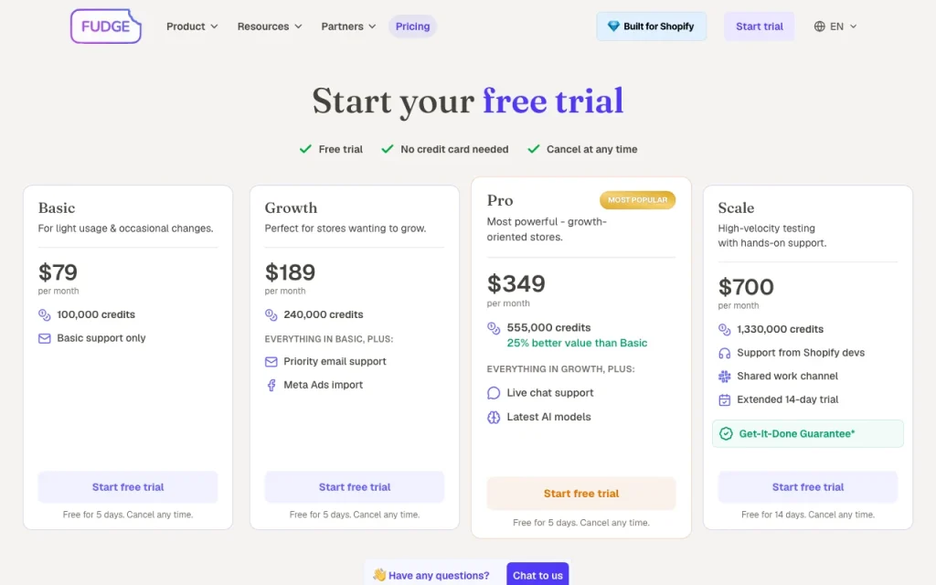 Fudge page de tarifs avec offres et prix — capture d'écran de l'outil d'IA productivité et rédaction, Oct 2, 2026