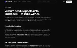 FurniMesh about page — screenshot of the image generation AI tool, 2026-10-02