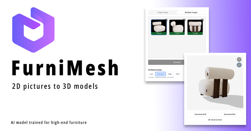 FurniMesh homepage screenshot, image generation AI tool