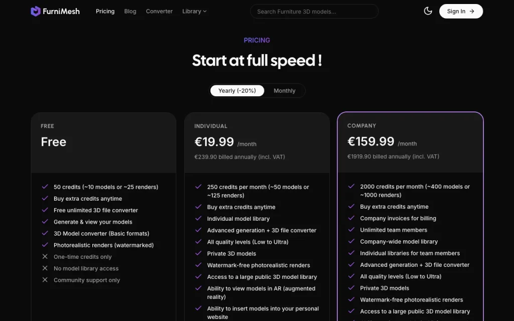 FurniMesh pricing page with plans and prices — screenshot of the image generation AI tool, Oct 2, 2026