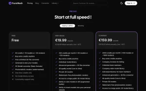 FurniMesh pricing page with plans and prices — screenshot of the image generation AI tool, 2026-10-02