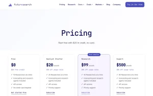 FutureSearch pricing page with plans and prices — screenshot of the research & search AI tool, 2026-10-01