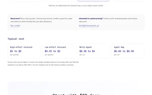 FutureSearch pricing page with plans and prices — screenshot of the research & search AI tool, 2026-10-01