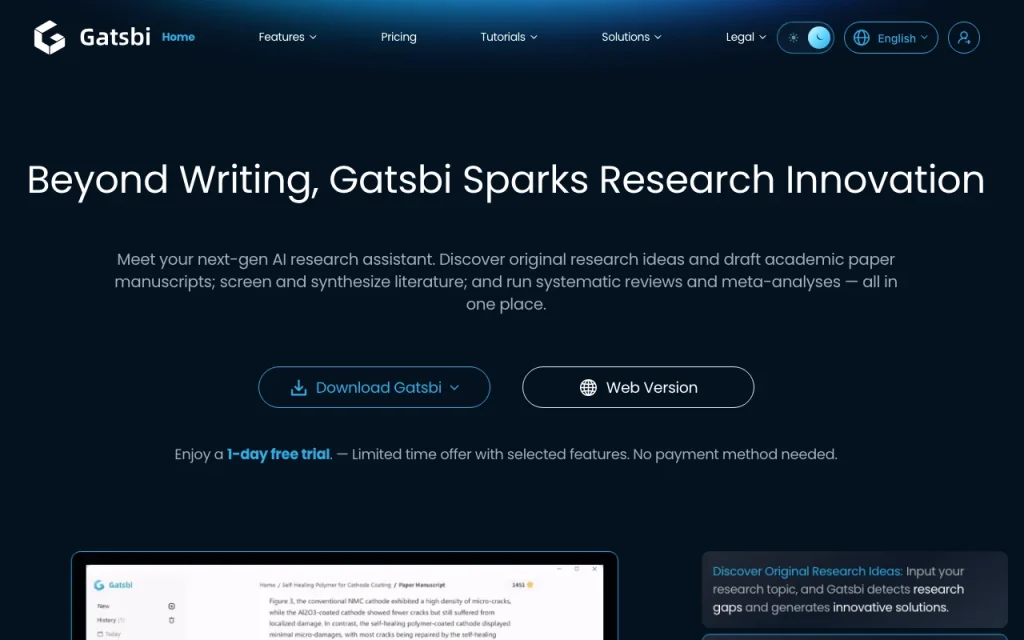 Gatsbi homepage — screenshot of the research & search AI tool, Oct 2, 2026