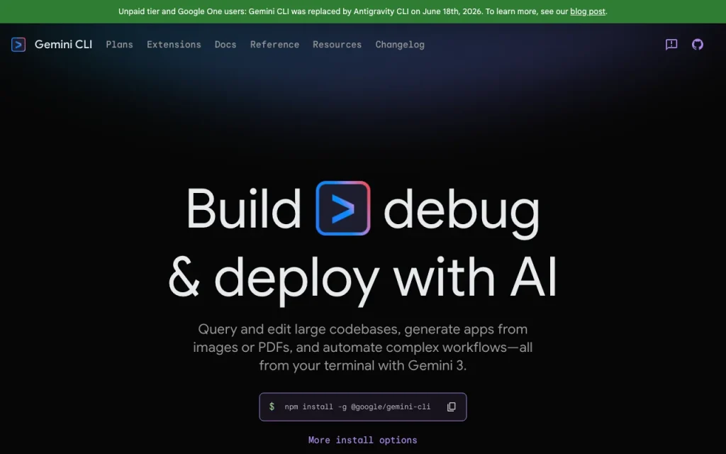 Gemini CLI homepage — screenshot of the coding AI tool, Oct 2, 2026