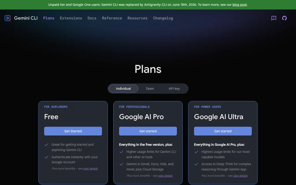 Gemini CLI pricing page with plans and prices — screenshot of the coding AI tool, Oct 2, 2026