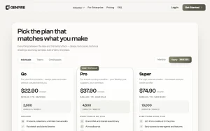 Genpire pricing page with plans and prices — screenshot of the productivity & writing AI tool, 2026-10-02