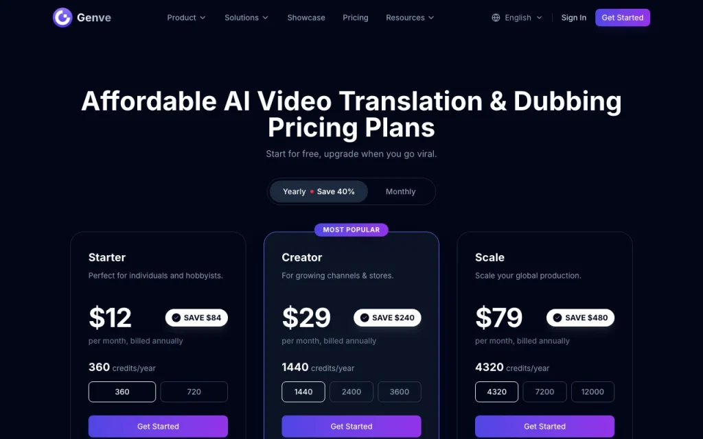 Genve pricing page with plans and prices — screenshot of the video AI tool, Oct 1, 2026