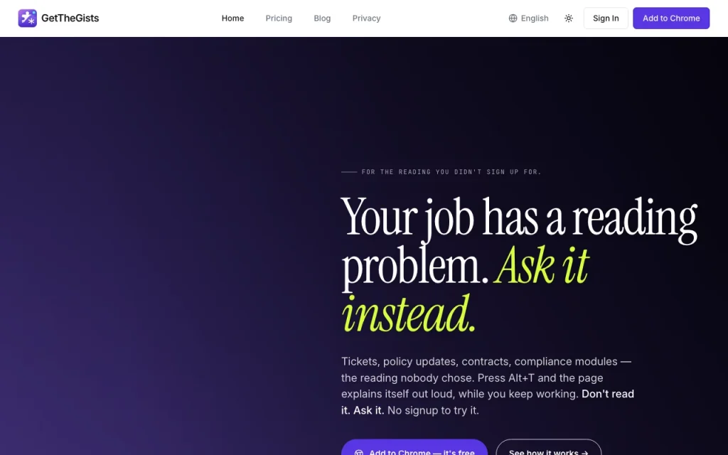 GetTheGists homepage screenshot, research & search AI tool