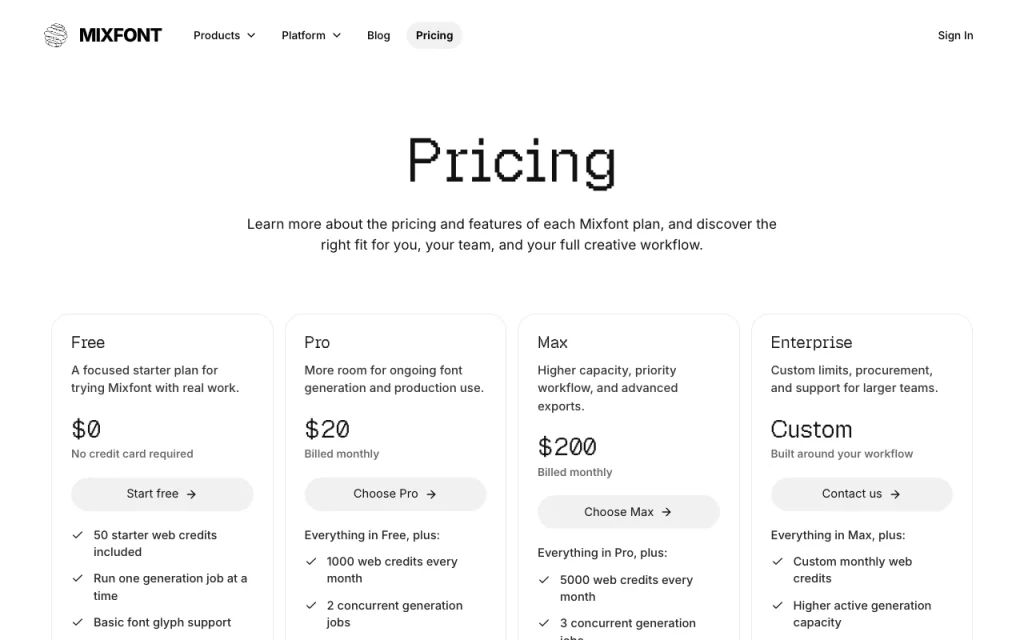 Ghost Font (by Mixfont) pricing page with plans and prices — screenshot of the image generation AI tool, Oct 1, 2026