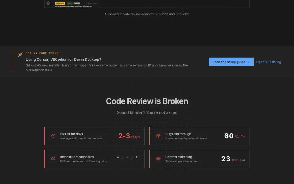 Git AutoReview homepage — screenshot of the coding AI tool, Oct 1, 2026